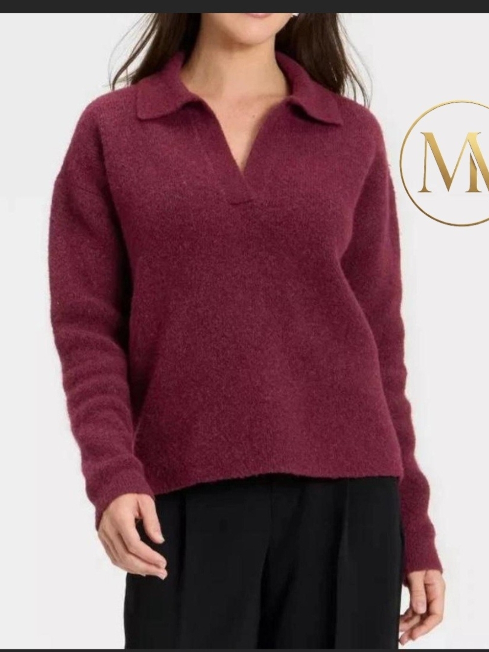 NWT a new day Cashmere Like Relaxed V-Neck Polo Sweater in Burgundy Plus Size 3X